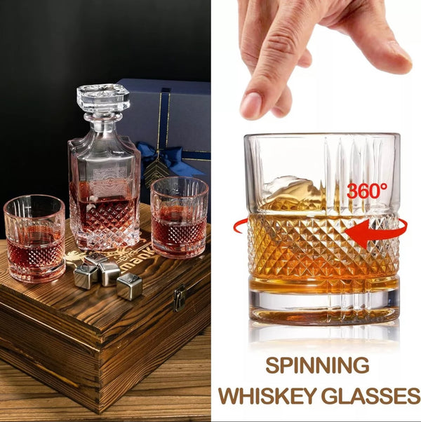 Whiskey Decanter Set, With Spinning Glasses