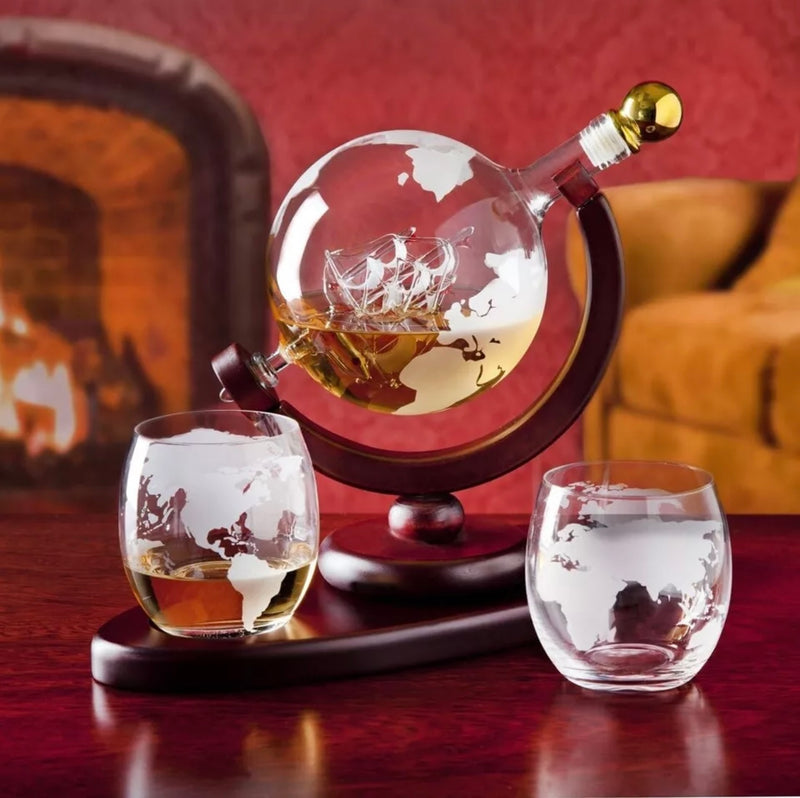 Whiskey Decanter Globe Set With 2 Glass Sets