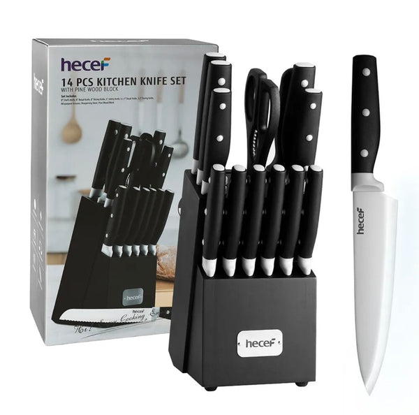 14 PCS Kitchen Knife Block Set High Carbon Stainless Steel Cutlery w/ Sharpener